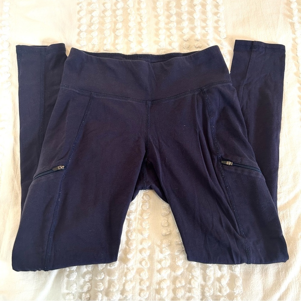 Eileen Fisher woman’s Navy Blue Organic Cotton Yoga Zippered Leggings Sz XS